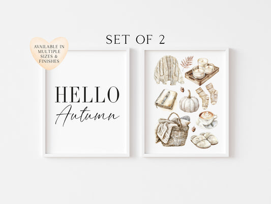 Set of 2 Autumn prints, Hello Autumn seasonal autumn favourites beige unframed wall art poster prints, seasonal decor, Autumn wall art set