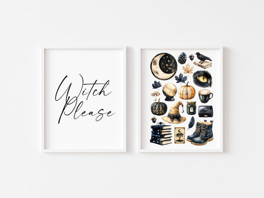 Halloween Set Spooky Witch please Happy Halloween black & beige Decor unframed wall art poster prints