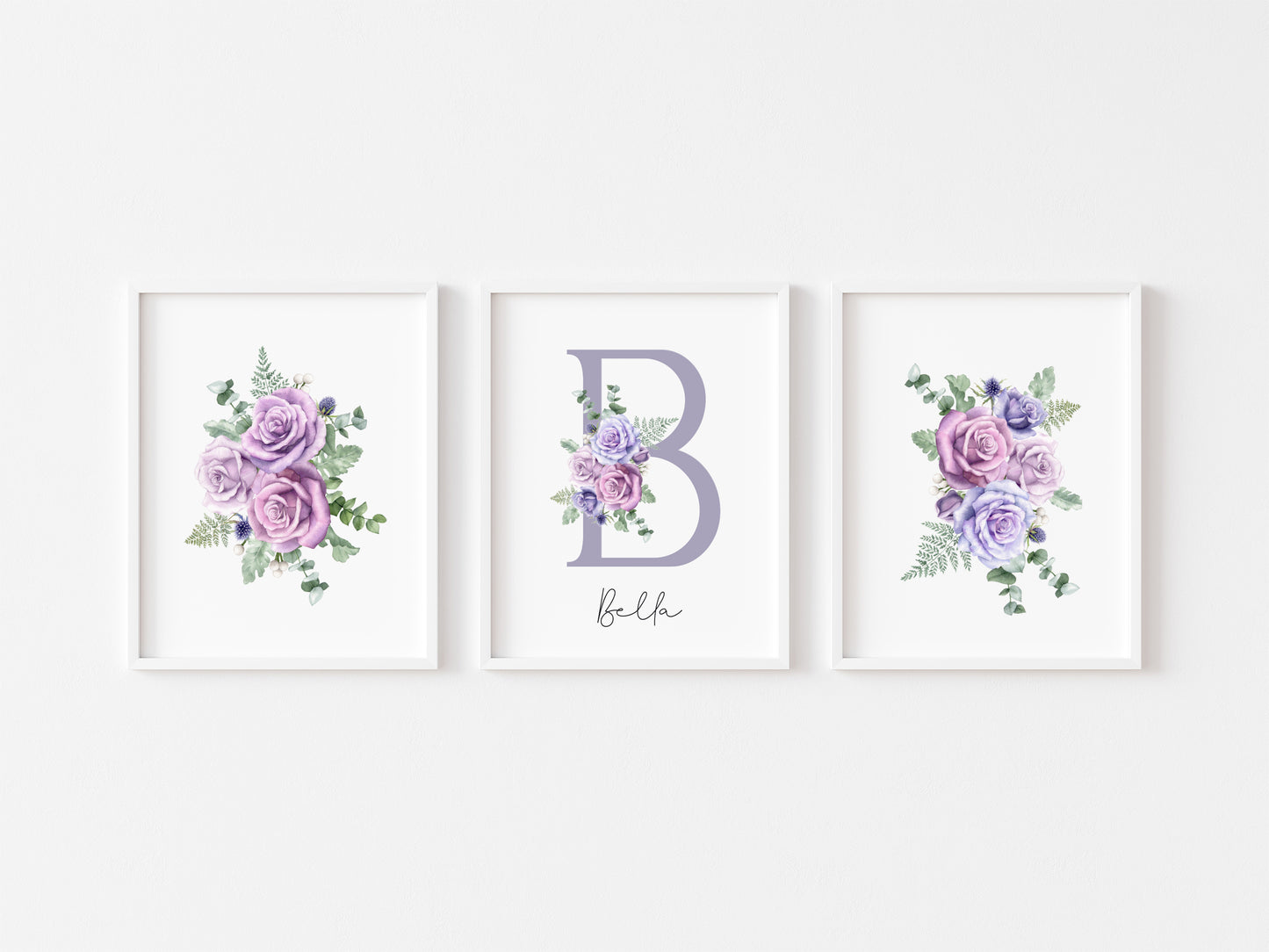 Set of 3 purple roses floral Initial personalised girls bedroom wall art poster prints, personalised with name, girls bedroom decor, lilac prints