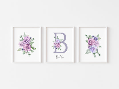 Set of 3 purple roses floral Initial personalised girls bedroom wall art poster prints, personalised with name, girls bedroom decor, lilac prints