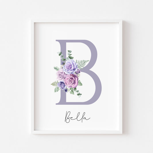 Personalised purple roses floral initial name print, bedroom nursery home unframed wall art poster print, initial print, floral nursery print