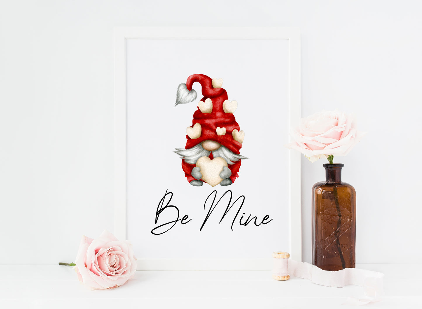 Valentines day print, red and cream hearts cute gonk/gnome home unframed wall art poster print