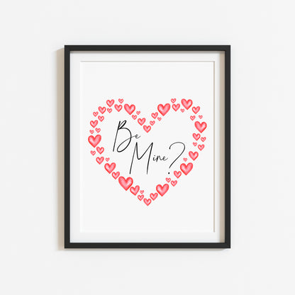 Be mine, valentines day print gift, watercolour love heart wreath home unframed wall art poster print