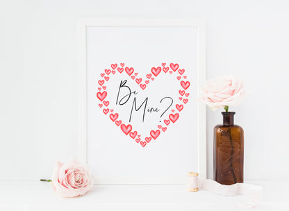 Be mine, valentines day print gift, watercolour love heart wreath home unframed wall art poster print