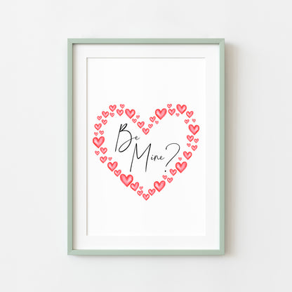 Be mine, valentines day print gift, watercolour love heart wreath home unframed wall art poster print