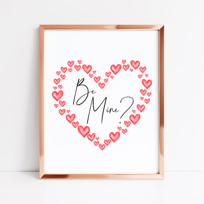 Be mine, valentines day print gift, watercolour love heart wreath home unframed wall art poster print