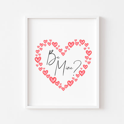 Be mine, valentines day print gift, watercolour love heart wreath home unframed wall art poster print