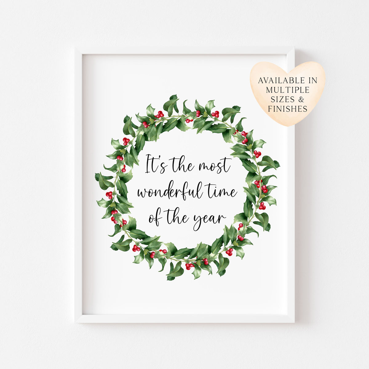 Christmas Wreath Art Print Holly & Berries xmas quote seasonal decor (Unframed)