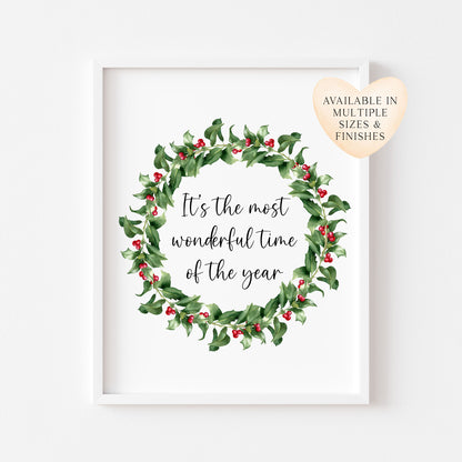 Christmas Wreath Art Print Holly & Berries xmas quote seasonal decor (Unframed)