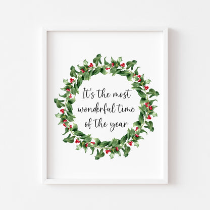 Christmas Wreath Art Print Holly & Berries xmas quote seasonal decor (Unframed)