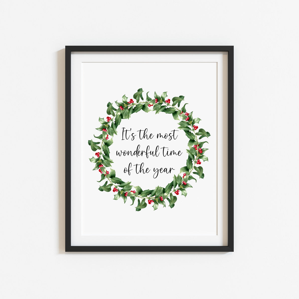 Christmas Wreath Art Print Holly & Berries xmas quote seasonal decor (Unframed)