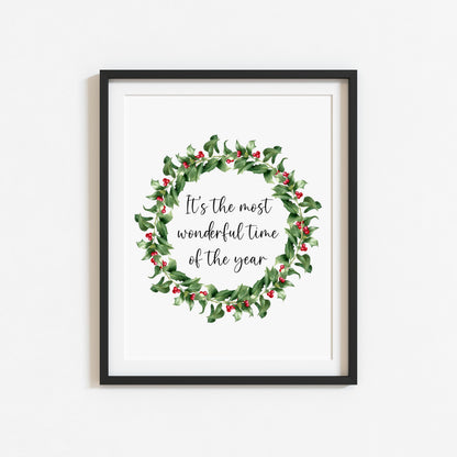 Christmas Wreath Art Print Holly & Berries xmas quote seasonal decor (Unframed)