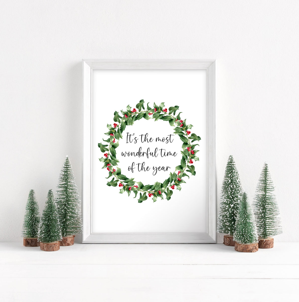 Christmas Wreath Art Print Holly & Berries xmas quote seasonal decor (Unframed)