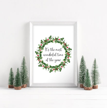 Christmas Wreath Art Print Holly & Berries xmas quote seasonal decor (Unframed)