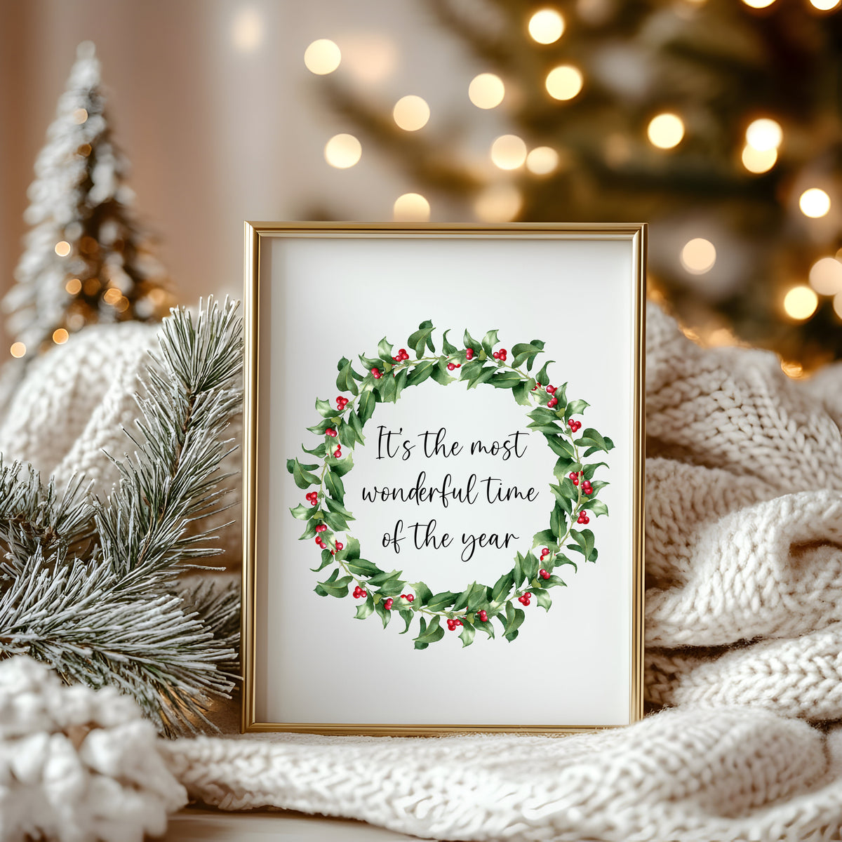 Christmas Wreath Art Print Holly & Berries xmas quote seasonal decor (Unframed)
