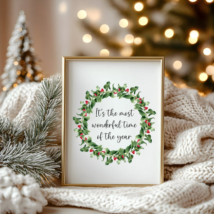 Christmas Wreath Art Print Holly & Berries xmas quote seasonal decor (Unframed)