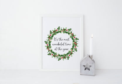 Christmas Wreath Art Print Holly & Berries xmas quote seasonal decor (Unframed)