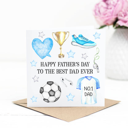 Father's day card, best dad ever, happy father's day, watercolour blue football sports cool illustrations fun card for dads with envelope