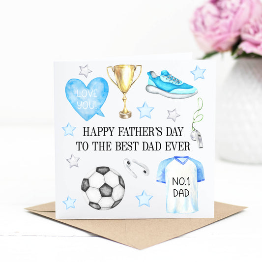 Father's day card, best dad ever, happy father's day, watercolour blue football sports cool illustrations fun card for dads with envelope