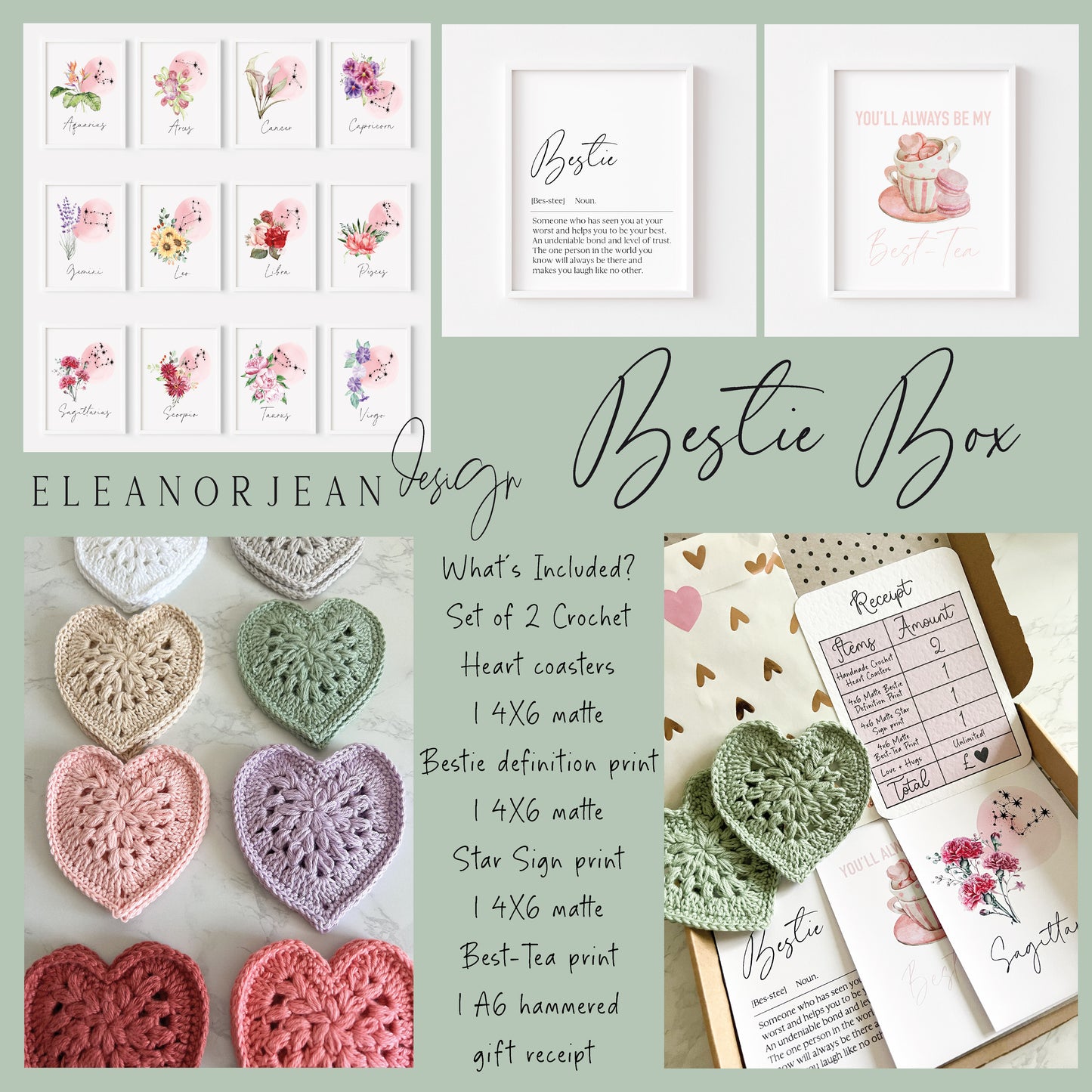 Bestie box, best friend birthday gift box, letter box gifts, crochet coasters, bestie definition star sign print, gift box bundle galentines