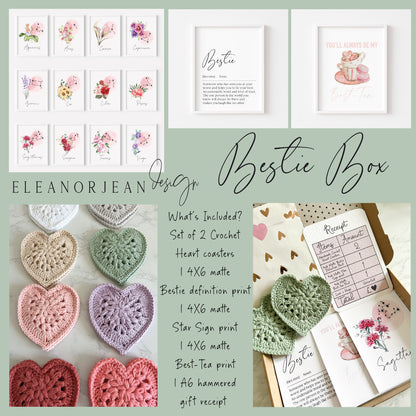 Bestie box, best friend birthday gift box, letter box gifts, crochet coasters, bestie definition star sign print, gift box bundle galentines