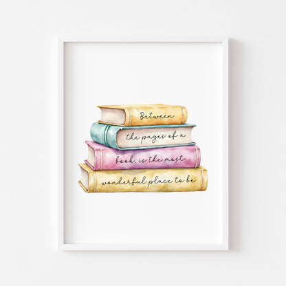 Book Quote Print Between the Pages, Watercolour Book Stack wall art (unframed)