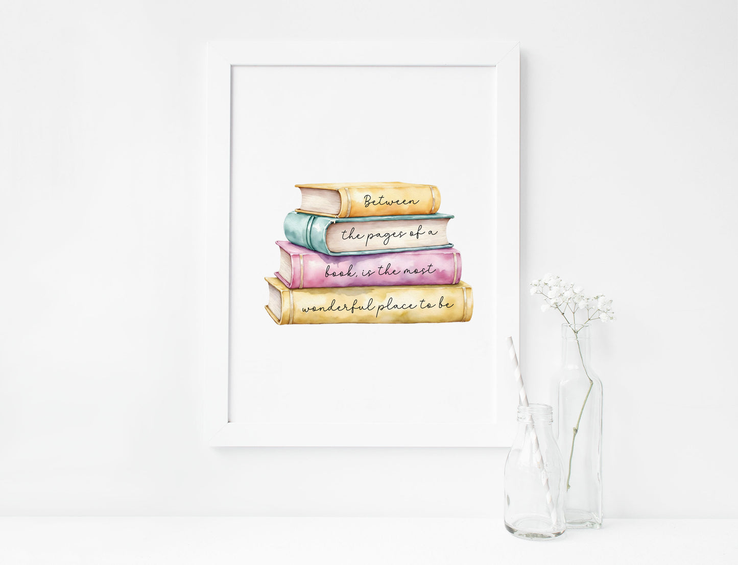 Book Quote Print Between the Pages, Watercolour Book Stack wall art (unframed)
