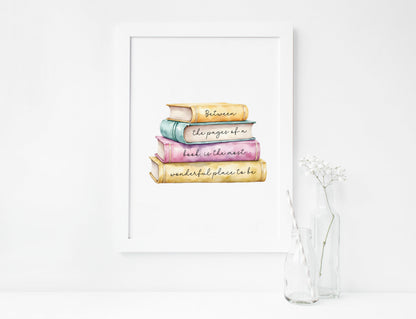 Book Quote Print Between the Pages, Watercolour Book Stack wall art (unframed)