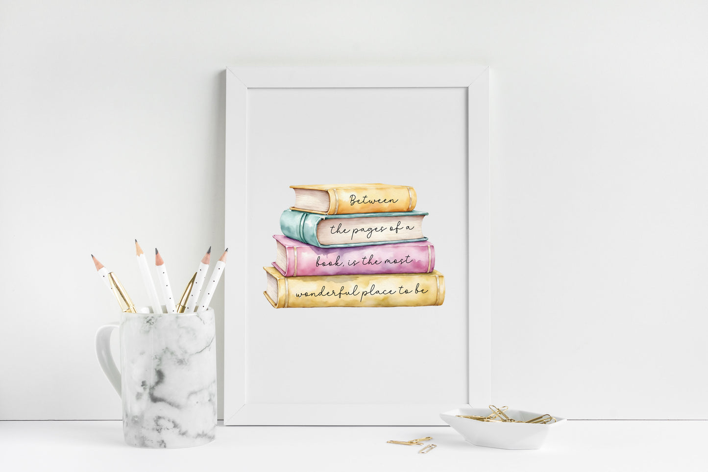 Book Quote Print Between the Pages, Watercolour Book Stack wall art (unframed)