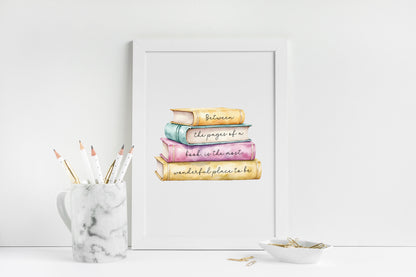 Book Quote Print Between the Pages, Watercolour Book Stack wall art (unframed)