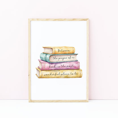 Book Quote Print Between the Pages, Watercolour Book Stack wall art (unframed)