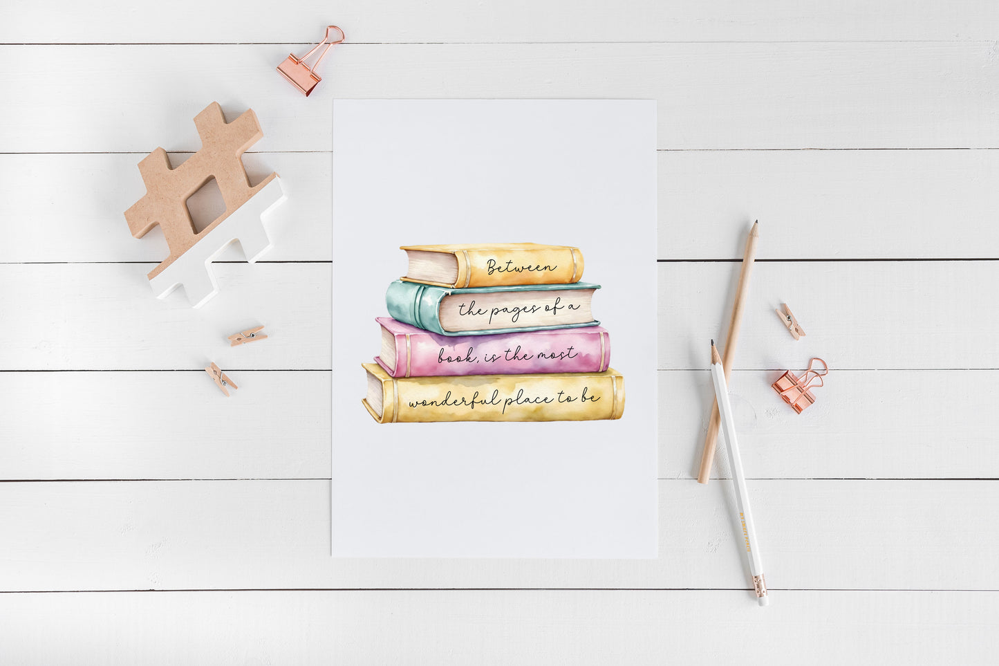 Book Quote Print Between the Pages, Watercolour Book Stack wall art (unframed)