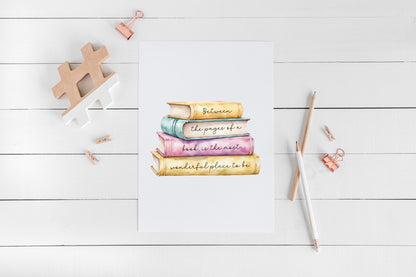 Book Quote Print Between the Pages, Watercolour Book Stack wall art (unframed)