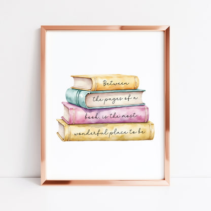 Book Quote Print Between the Pages, Watercolour Book Stack wall art (unframed)