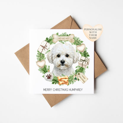 Personalised Dog Christmas card, Bichon Frise custom pet name xmas card with envelope