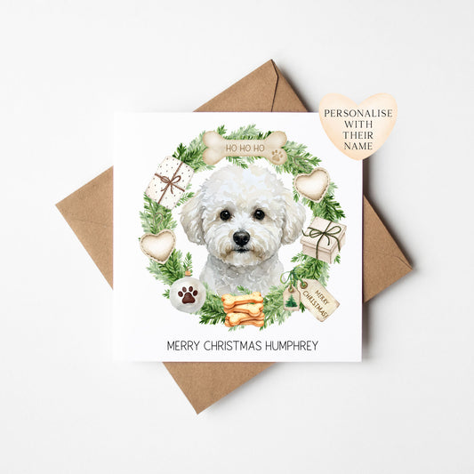 Personalised Dog Christmas card, Bichon Frise custom pet name xmas card with envelope