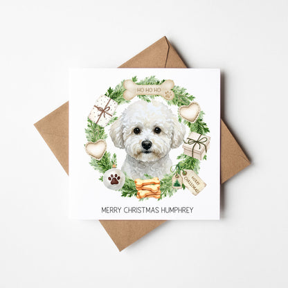 Personalised Dog Christmas card, Bichon Frise custom pet name xmas card with envelope