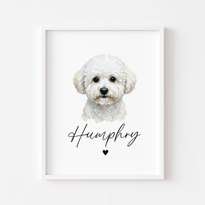 Personalised Bichon Frise Dog Print Custom Name Pet portrait watercolour unframed wall art