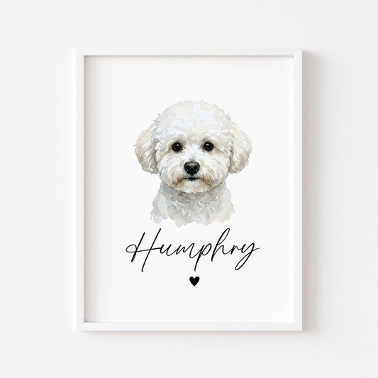 Personalised Bichon Frise Dog Print Custom Name Pet portrait watercolour unframed wall art