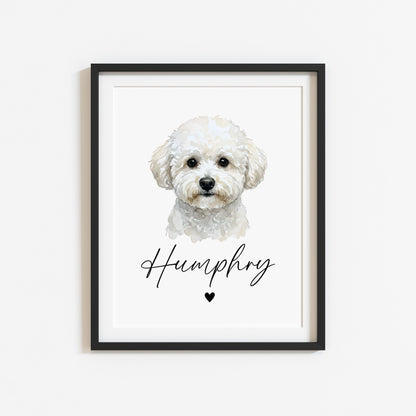 Personalised Bichon Frise Dog Print Custom Name Pet portrait watercolour unframed wall art