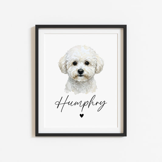 Personalised Bichon Frise Dog Print Custom Name Pet portrait watercolour unframed wall art