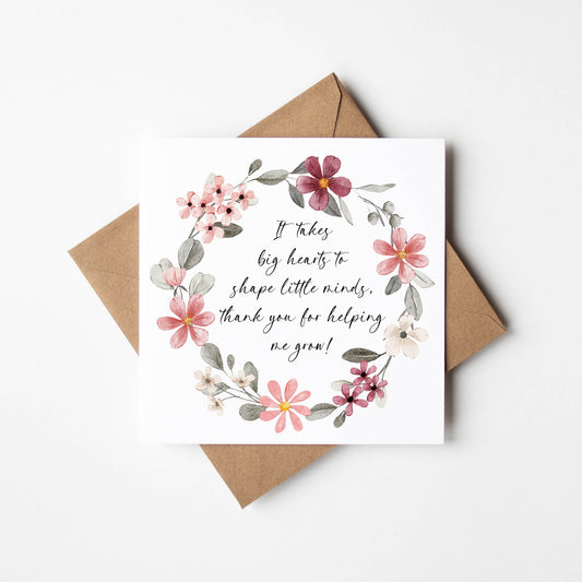 Thank you nursery card, red floral wreath poem thank you so much teacher school nursery mentor assistant friend card with brown envelope