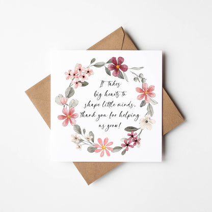 Thank you nursery card, red floral wreath poem thank you so much teacher school nursery mentor assistant friend card with brown envelope