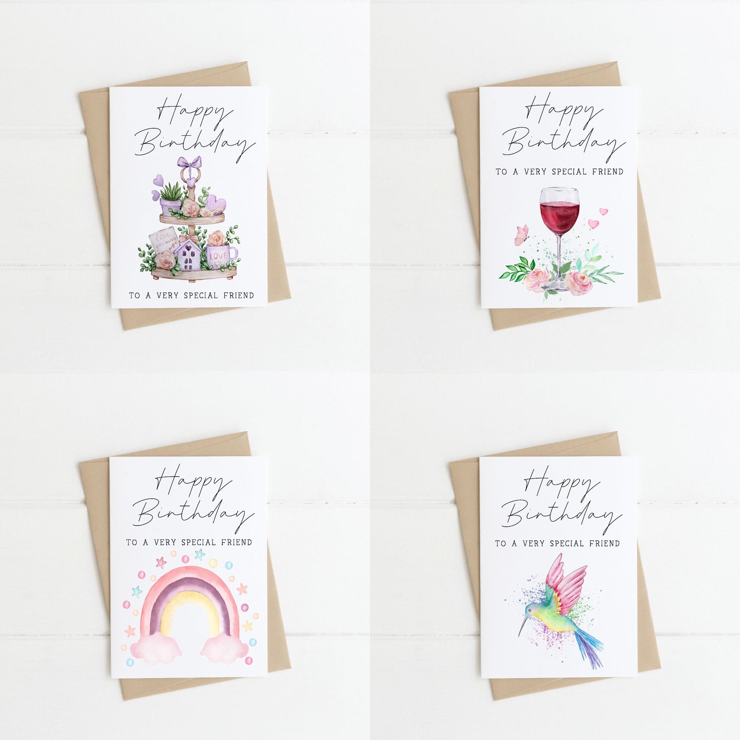 Pack of 4 Happy Birthday individual styles floral rainbow wine hearts humming birds pretty birthday cards with envelope,kraft brown or white