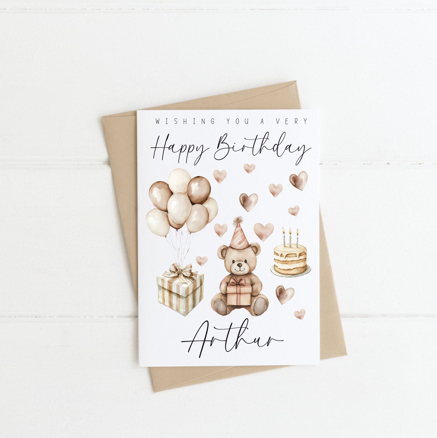 Personalised Birthday card Happy Birthday wishing you a very happy birthday neutral boho cute bear balloons party card with envelope birthday cards