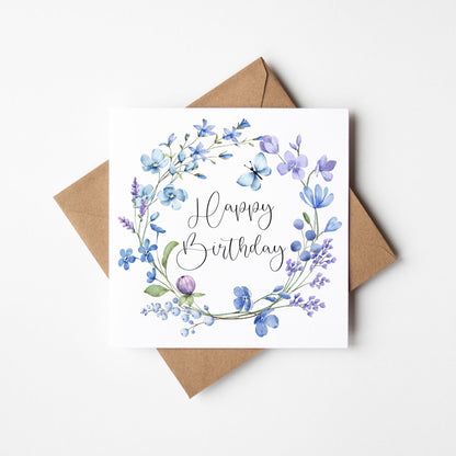 Birthday card, Happy Birthday blue lilac purple butterfly floral wreath pretty girl friends birthday card flower birthday card with envelope