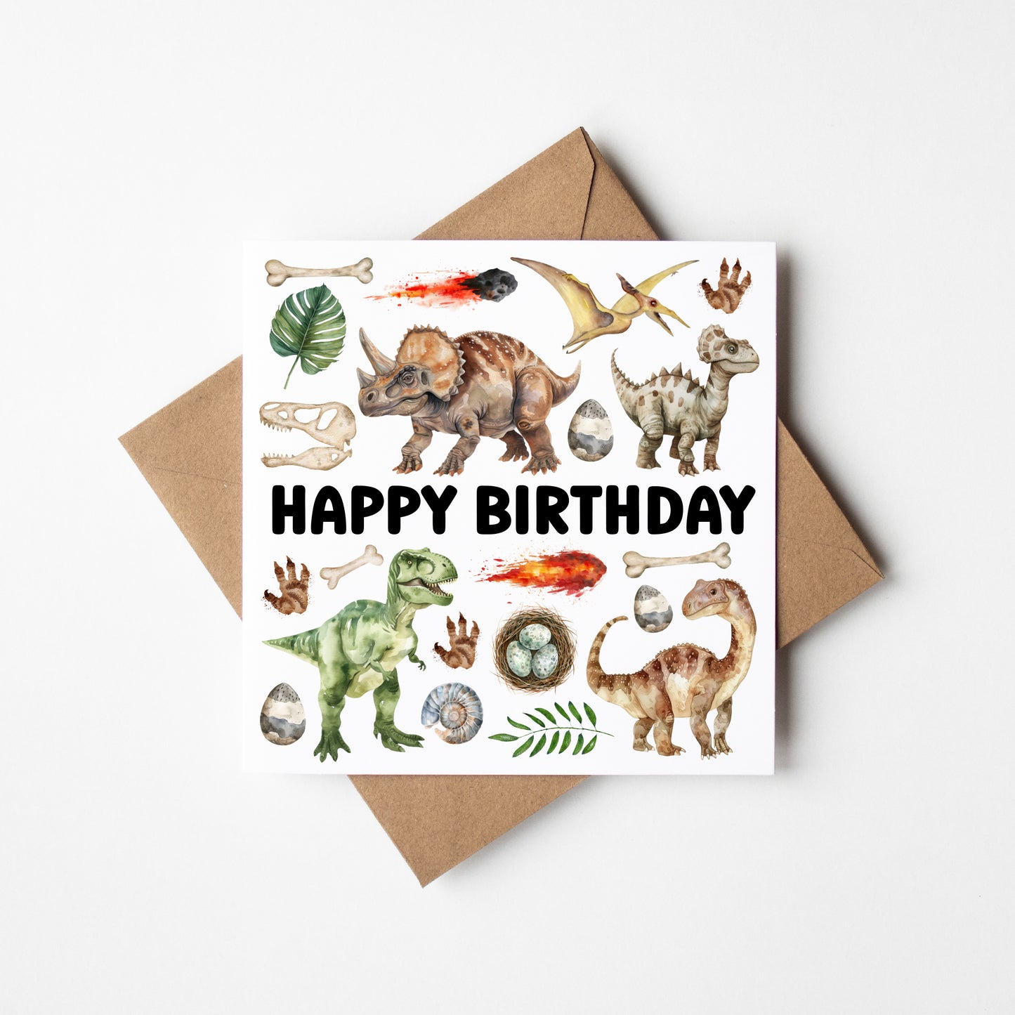 Birthday Card Dinosaur kids theme dino lover bday watercolour mood board design with Envelope