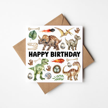 Birthday Card Dinosaur kids theme dino lover bday watercolour mood board design with Envelope