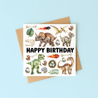 Birthday Card Dinosaur kids theme dino lover bday watercolour mood board design with Envelope