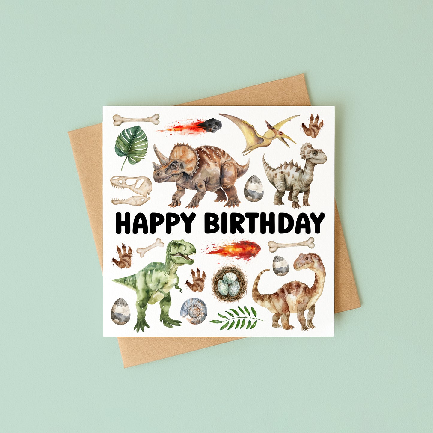 Birthday Card Dinosaur kids theme dino lover bday watercolour mood board design with Envelope